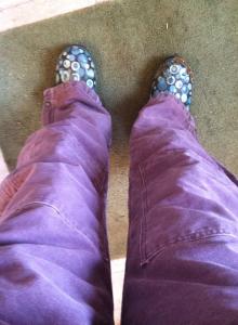 Purple coveralls and blue polka-dot Bogs. I don't have to worry about one of my boys stealing my cold-weather gear. 